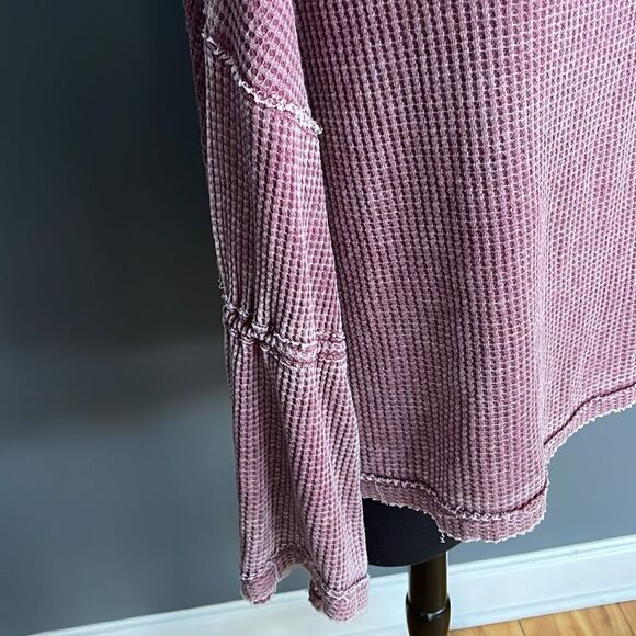 We The Free beet tone burnout sunwashed thermal bell sleeve split neckline top. - Picture 7 of 9